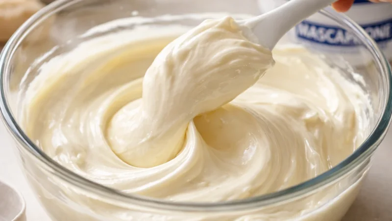 Gladka mascarpone krema na lopatici nad stekleno posodo