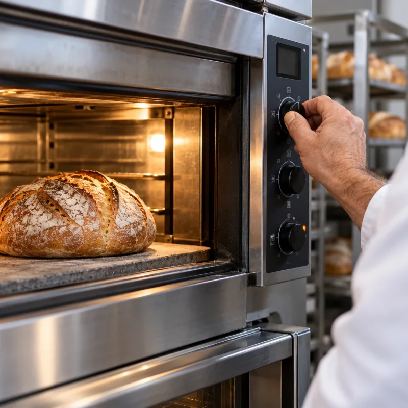 Bäcker stellt einen professionellen Backofen neben einem gebräunten Brotlaib auf einem Backstein ein