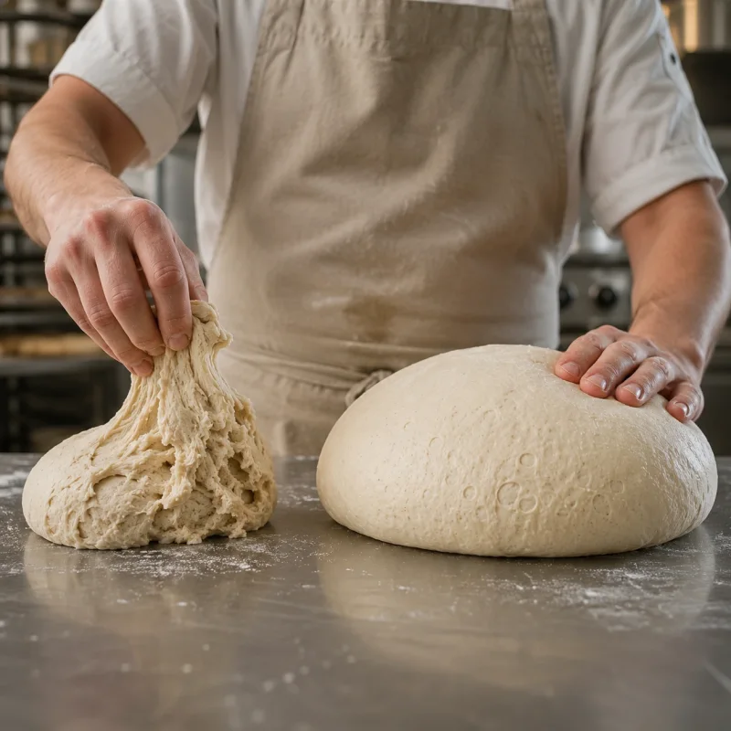 Dans une cuisine professionnelle, un boulanger compare une pâte dense à gauche et une pâte correctement levée à droite afin de montrer la différence de structure.