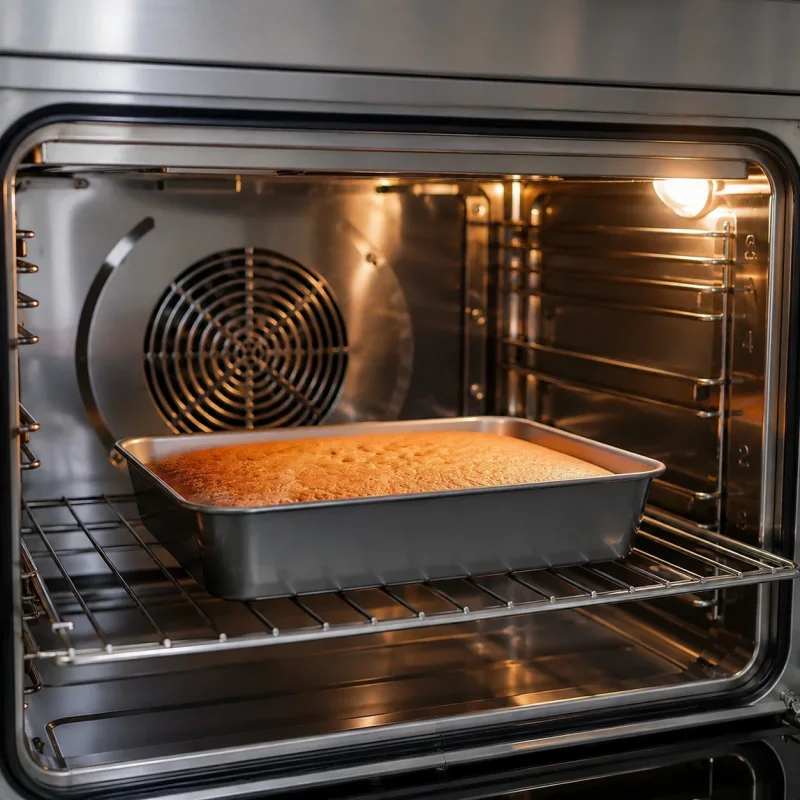 Pan di Spagna in cottura in uno stampo metallico sulla griglia di un forno ventilato