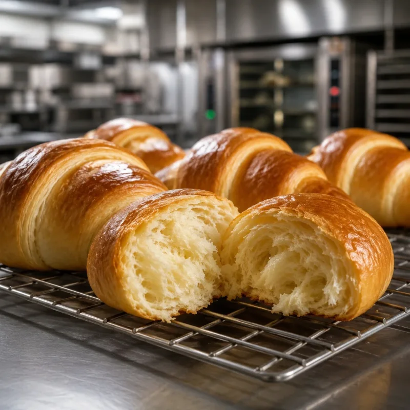 Croissants briochés dorés sur une grille dans une cuisine professionnelle, dont un est ouvert pour montrer une mie tendre, légère et fibreuse.