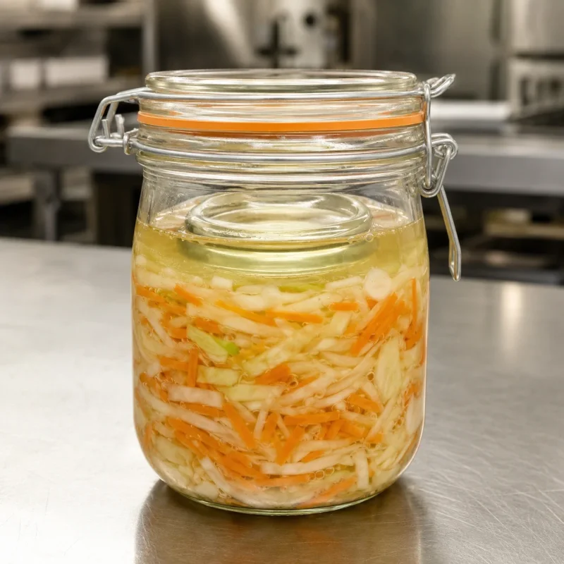 Bocal de chou et de carotte maintenus sous la saumure par un poids en verre dans une cuisine professionnelle.