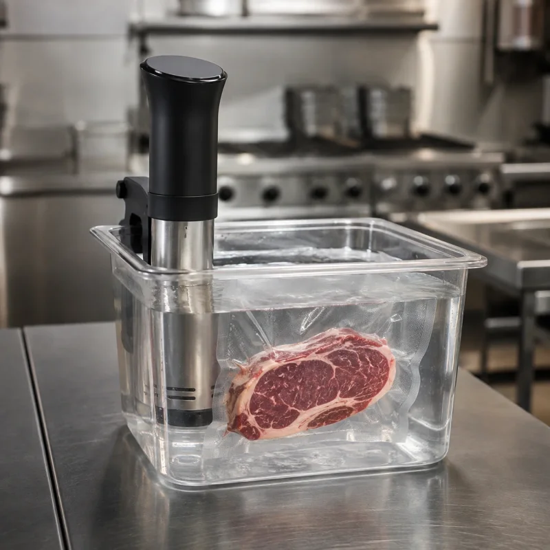 Bœuf sous vide dans un bain d’eau avec thermoplongeur, dans une cuisine professionnelle.