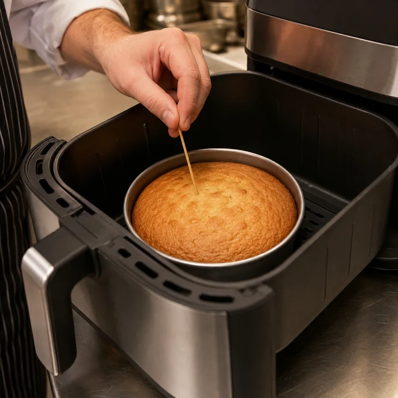 A pastry chef checks the centre of a golden cake with a wooden skewer in a metal pan inside an open air fryer basket in a professional kitchen.