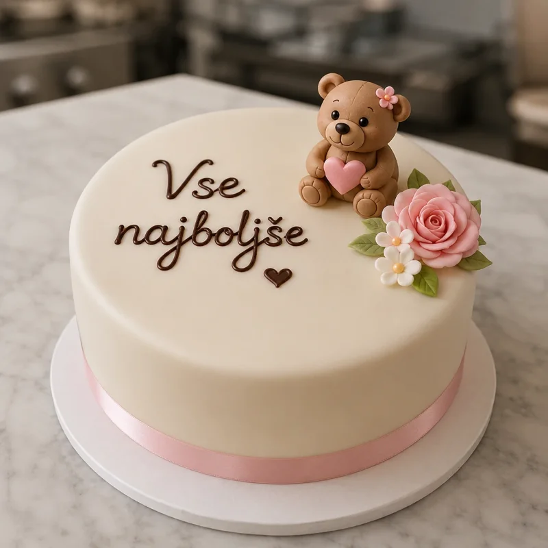 Fondant cake with a neat edible message, fondant teddy bear and sugar flowers