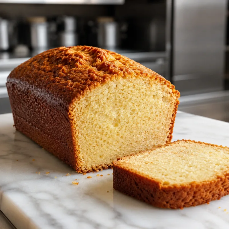 Cut slice of a golden-baked vegan cake with a fine, evenly porous crumb in a professional pastry kitchen.