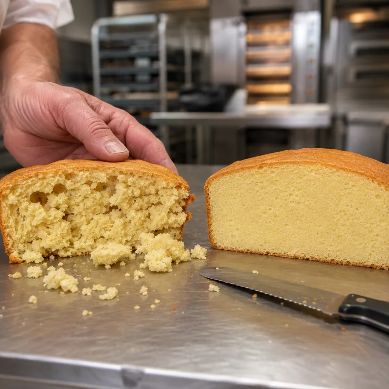 Two cut cake layers with contrasting crumbs: coarse and crumbly on the left, fine and evenly bound on the right.