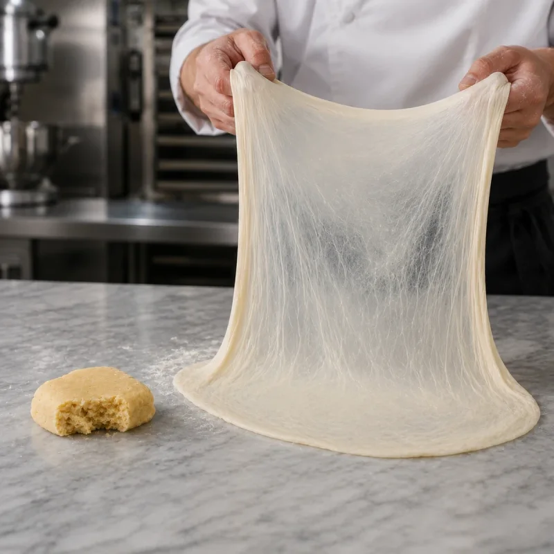 Pastry chef in a professional bakery kitchen stretching strudel dough into a thin nearly translucent membrane beside compact shortcrust pastry.