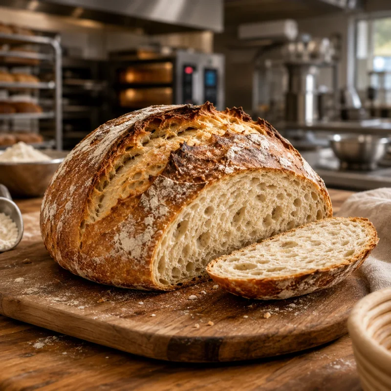 Partly sliced homemade wheat loaf with an airy crumb and crisp browned crust in a professional bakery kitchen
