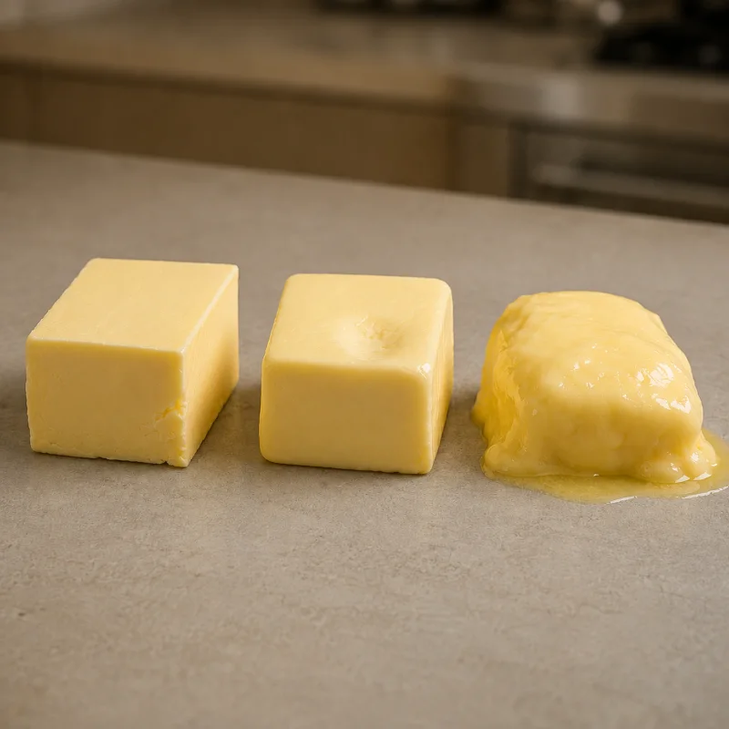 Three butter states for baking: too cold, properly softened, and too soft or partly melted