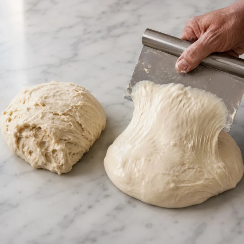 Wie Mehl Wasser bindet: Warum gleiche Hydration nicht gleiches Teiggefühl bedeutet — two wheat doughs with visibly different firmness on a professional bakery worktop.