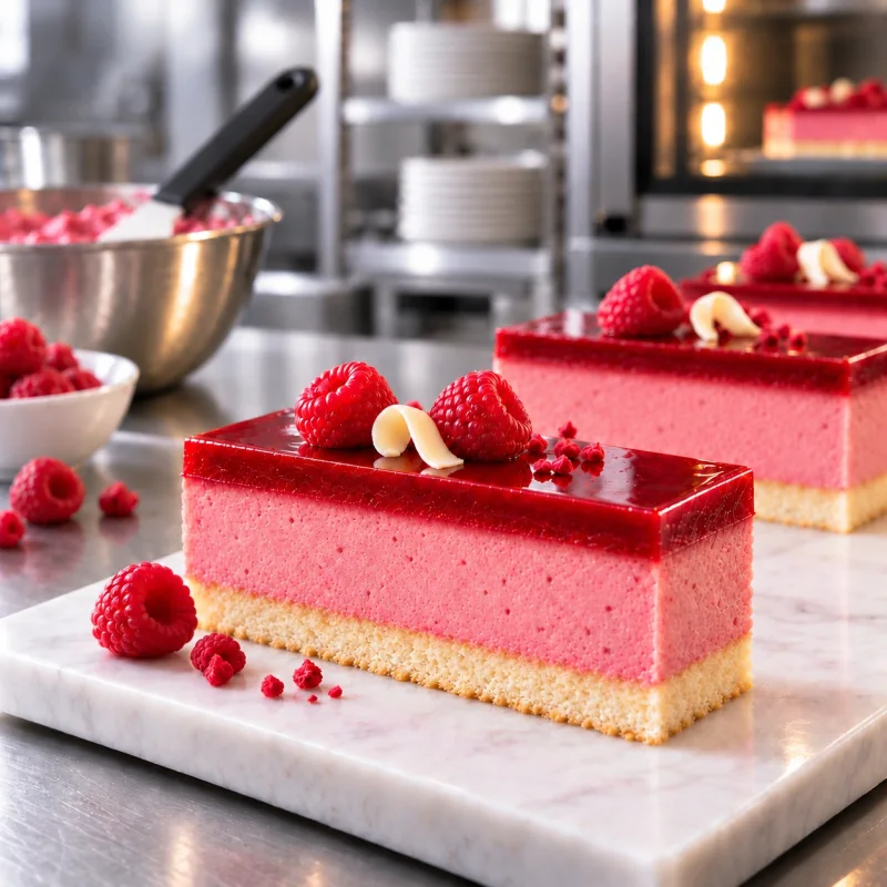 Two stable raspberry mousse slices with smooth clean cuts in a professional pastry kitchen
