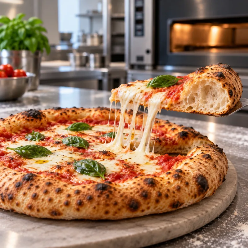 Pizza with a crisp base and soft, airy rim