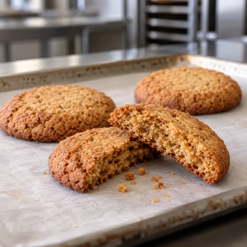 Deux moitiés d’un biscuit végan cuit uniformément avec une cassure sèche, nette et croustillante