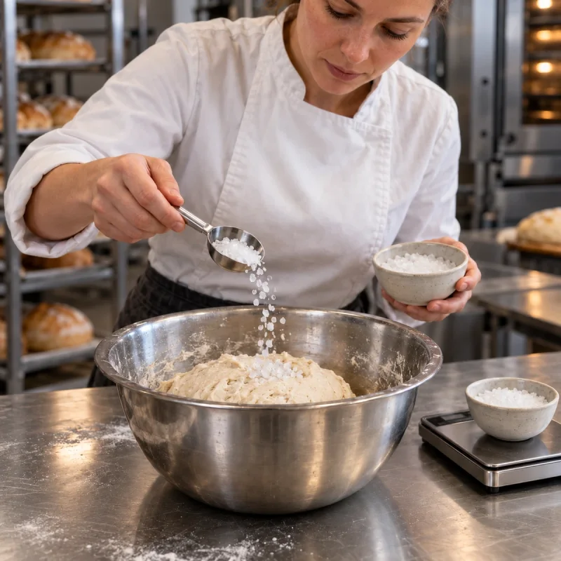 Coarse food-grade rock salt beside cooked green vegetables in a professional kitchen