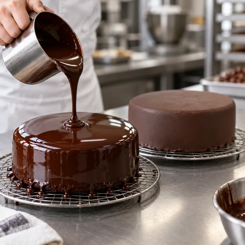 Glänzende und matte Schokoladenglasur nebeneinander auf einer Torte in einer professionellen Konditoreiküche.
