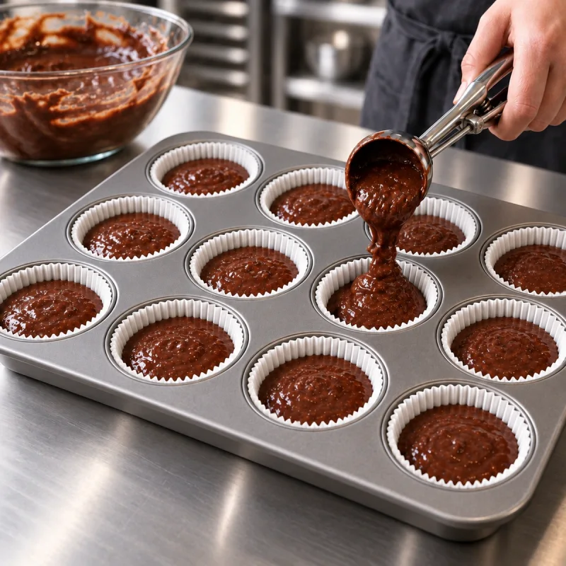 Chocolate batter being portioned evenly into a muffin cup before baking