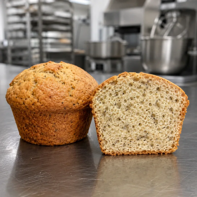 Veganski chia kolaček in prerez z rahlo enakomerno sredico ter drobnimi chia pikami