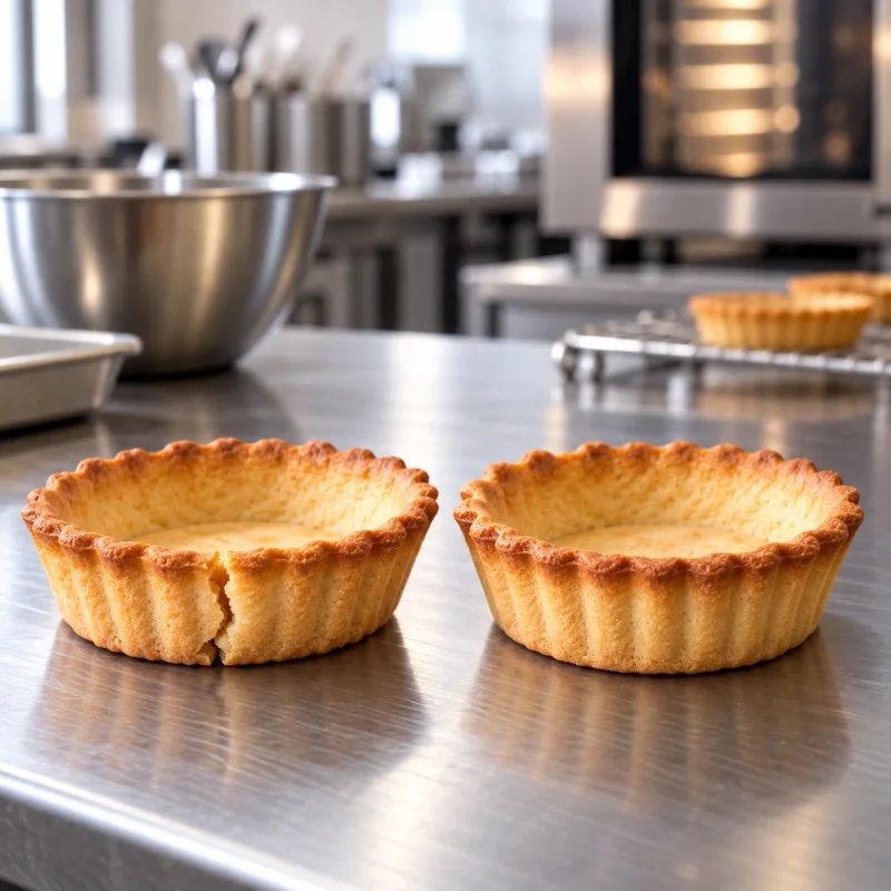 Two mini tart shells in a professional kitchen, one cracked and one smooth without cracks