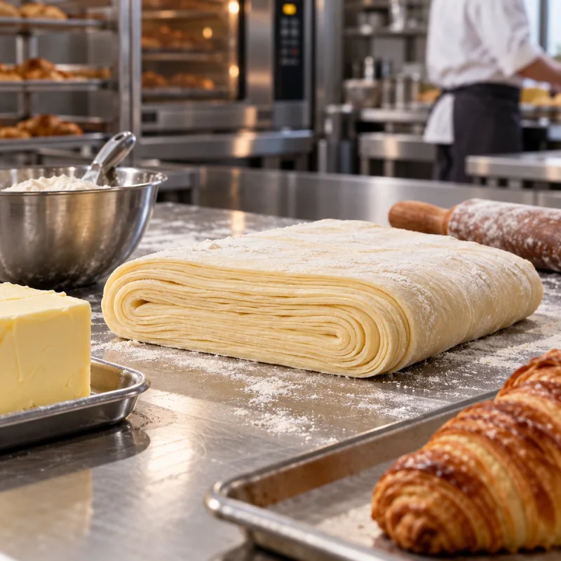Pâte feuilletée au beurre laminée sur un plan de travail en inox dans une cuisine professionnelle de pâtisserie.