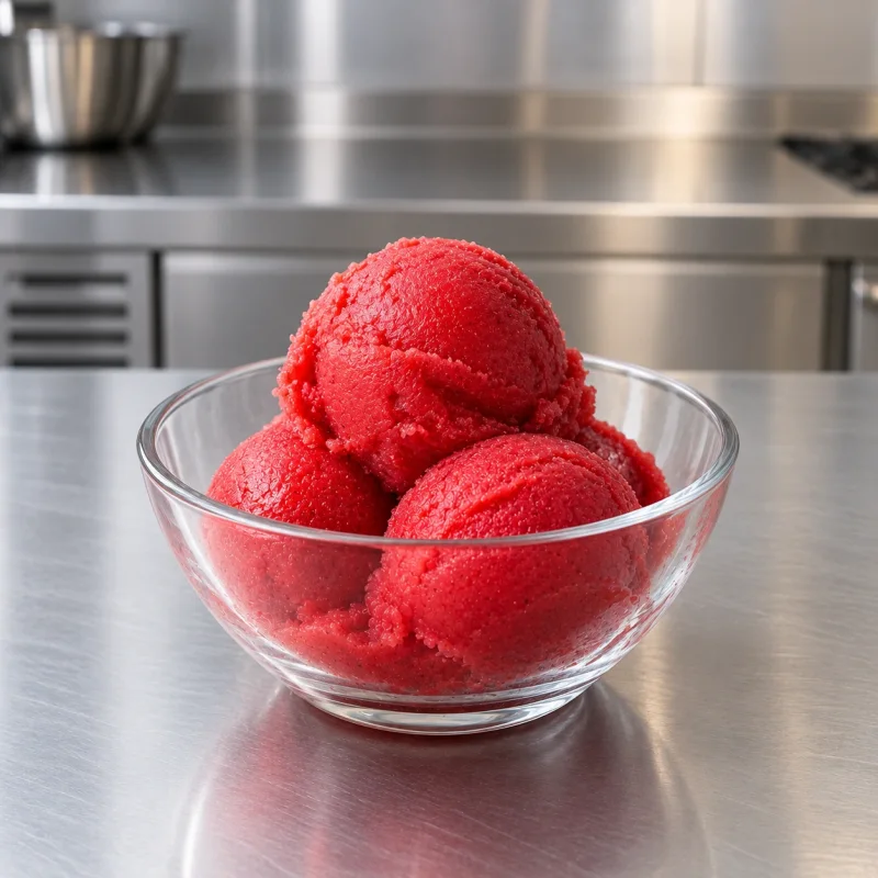 Bowl of smooth no-added-sugar fruit sorbet in a professional kitchen
