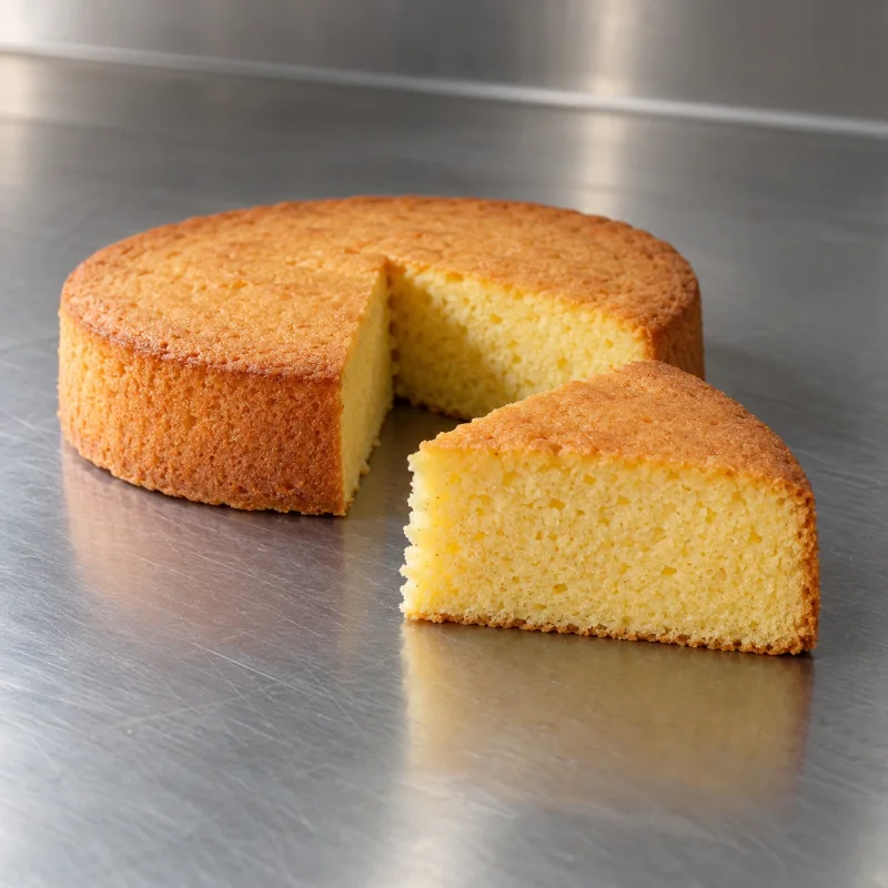 Corn flour cake and a cut slice showing a fine, even yellow crumb in a professional kitchen