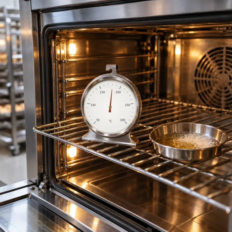 Oven thermometer centered on a rack beside a small metal dish of granulated sugar