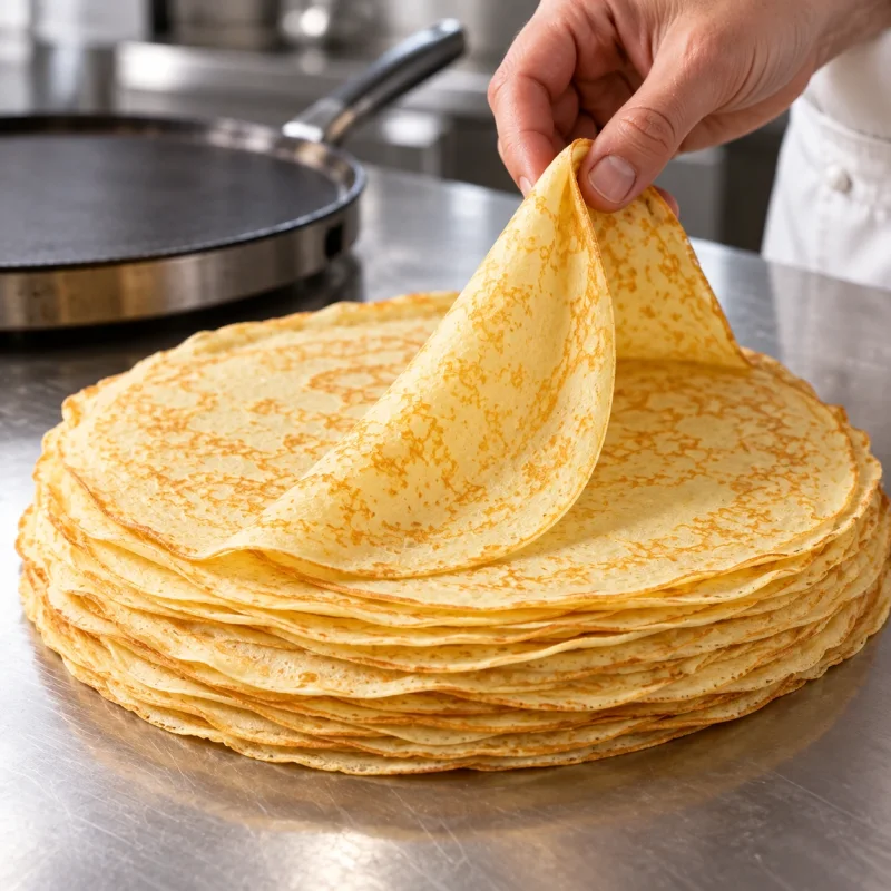 A thin flexible crêpe for dessert in a professional kitchen