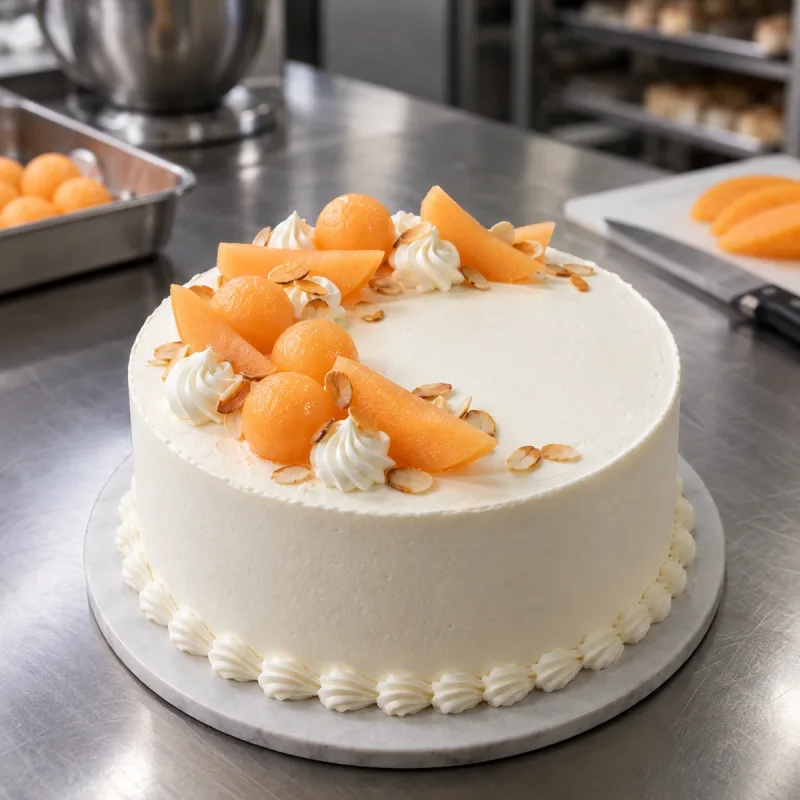 Bolas y láminas de melón fresco como decoración limpia de tarta en una cocina profesional