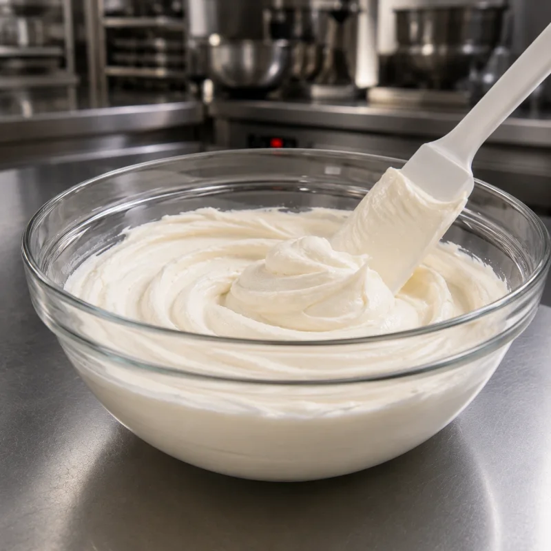 Smooth lump-free mascarpone frosting on a spatula above a glass bowl