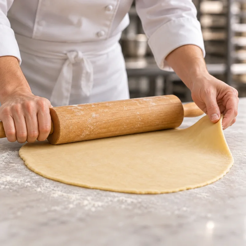 Een bakker in een professionele keuken rolt deeg gelijkmatig uit en tilt één rand op om te controleren of het plakt