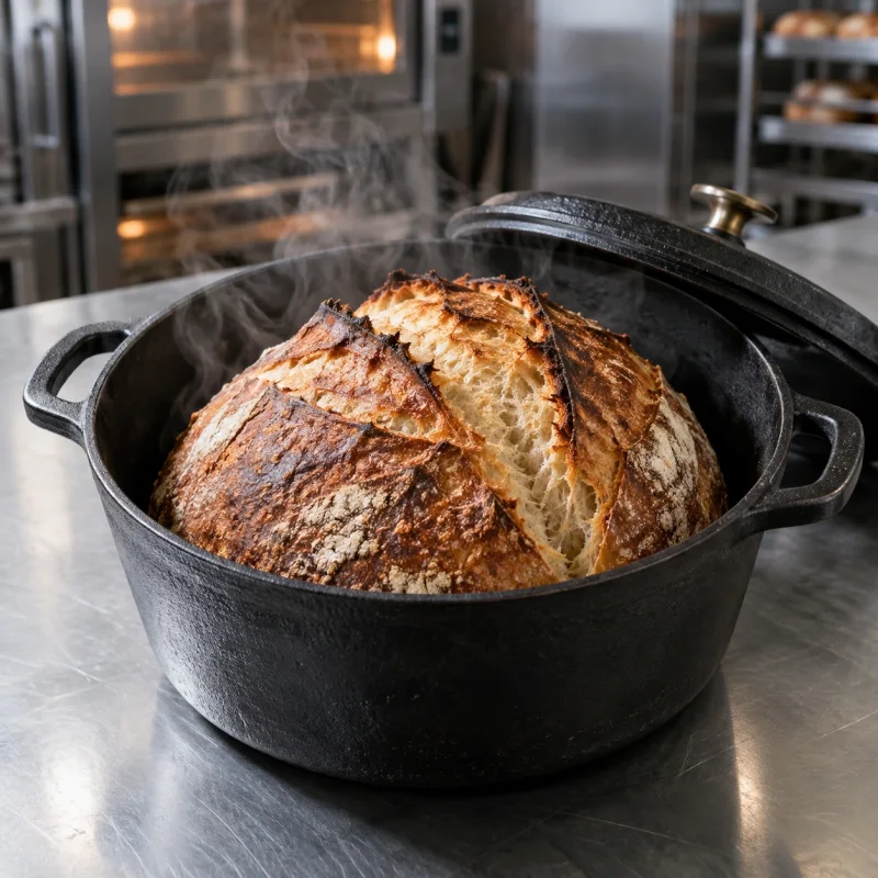 Scored artisan loaf expanding under steam with a flexible crust in a professional bakery oven