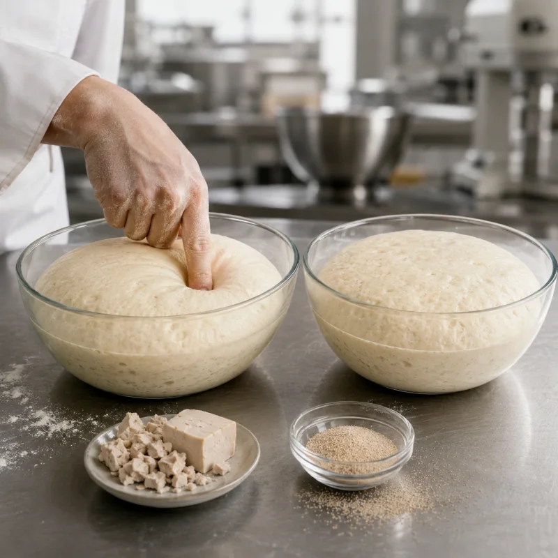 Two bowls of proofed dough in a professional bakery kitchen beside fresh and dry yeast