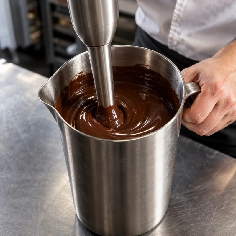 An immersion blender emulsifies chocolate ganache into a smooth, glossy texture in a metal jug.