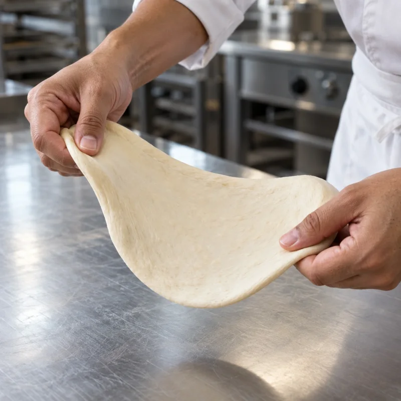 Mani in una cucina professionale di panificazione allungano delicatamente un impasto per tortillas liscio e riposato che resta flessibile senza creparsi.