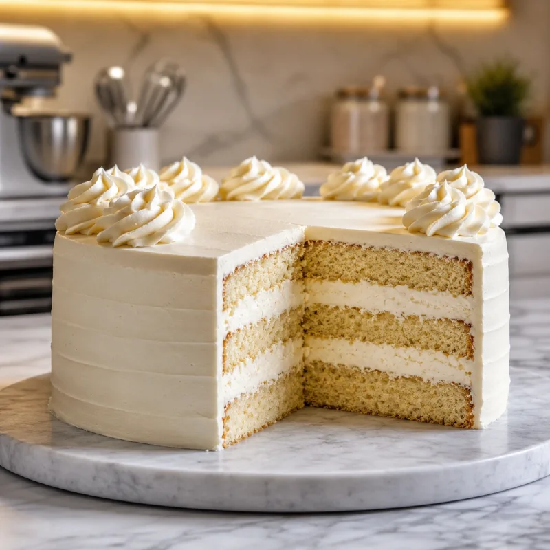 Prerez večplastne torte s čvrsto svetlo kremo, ki ostane enakomerno med plastmi.