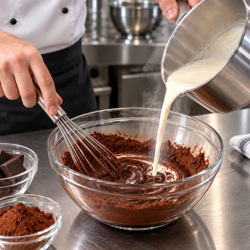 Hot cream is whisked into cocoa to form a smooth paste without dry lumps