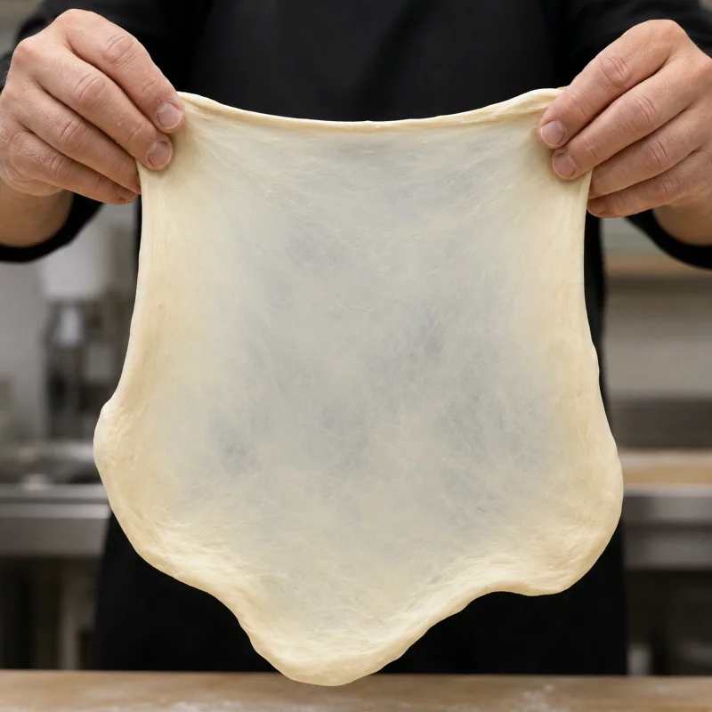 Weizenteig wird in einer professionellen Backküche zu einer dünnen durchscheinenden Membran gedehnt, um die Glutenentwicklung zu prüfen