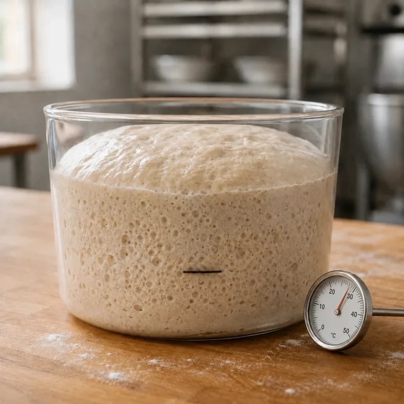 Fermentirano testo v prozorni posodi z vidnimi mehurčki, povečanim volumnom in kuhinjskim termometrom ob strani