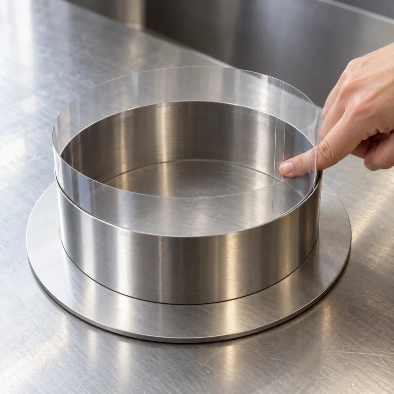 Mousse wordt in een met acetaatfolie beklede ring gegoten, met zichtbare luchtzakjes en verschuiving aan de rand