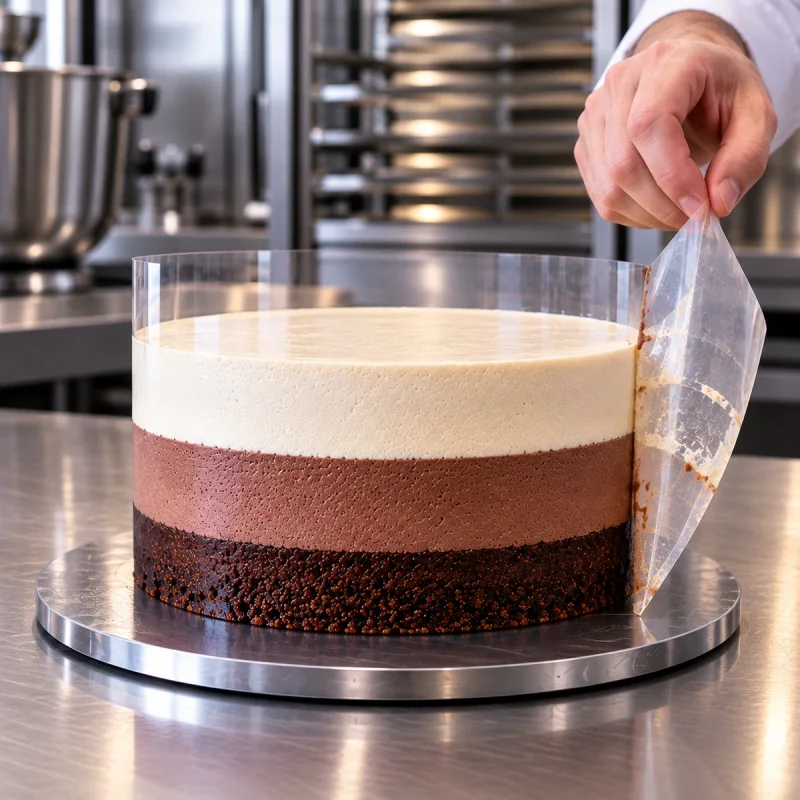 Layered mousse cake with a straight smooth side and clear acetate cake collar in a professional pastry kitchen