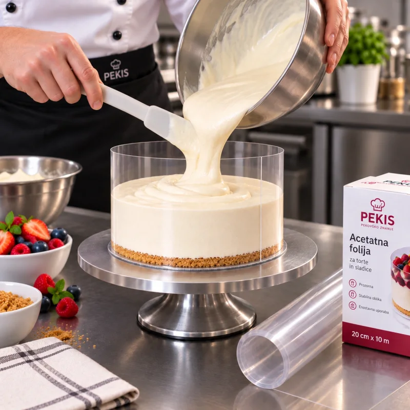 Light mousse being poured into a metal cake ring lined with a smooth clear acetate cake collar in a professional pastry kitchen.