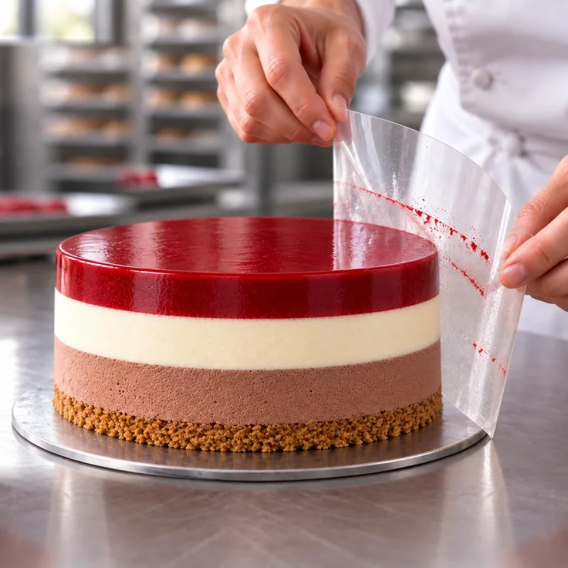 Slaščičar počasi odstranjuje prozorno acetatno folijo z večplastne mousse torte in razkriva gladek rob.