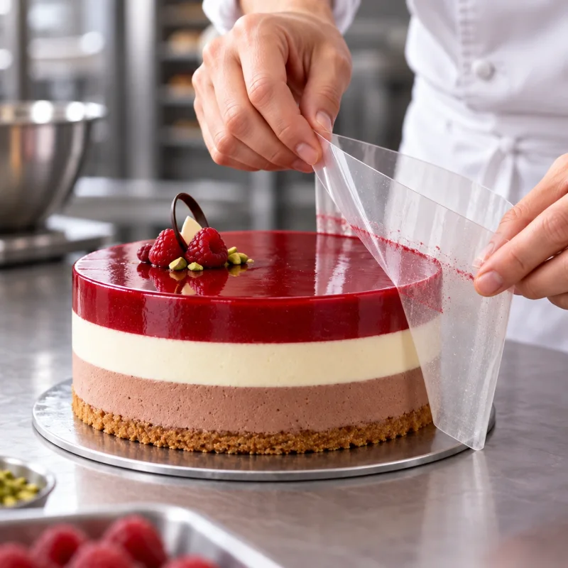 Repostero en una cocina profesional revisando una tira transparente de acetato junto a una tarta de mousse fría.