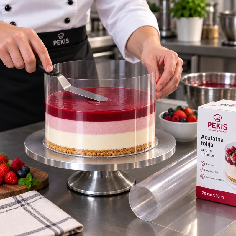 Slaščičar z lopatico ravna vrh večplastne mousse torte, acetatna folija pa sega nad njen rob.
