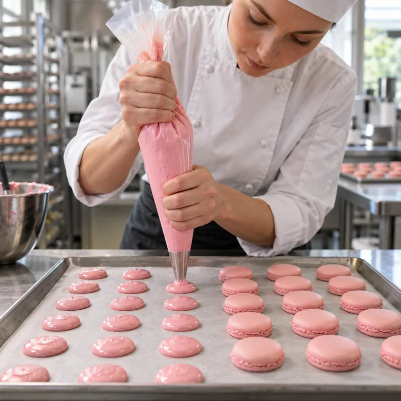 Pastelera en una cocina profesional escudillando verticalmente masa de macarons franceses sobre una bandeja.