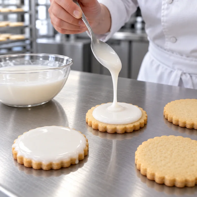 Weißer Zuckerguss ohne Ei wird in einer professionellen Konditoreiküche auf flache Plätzchen aufgetragen.