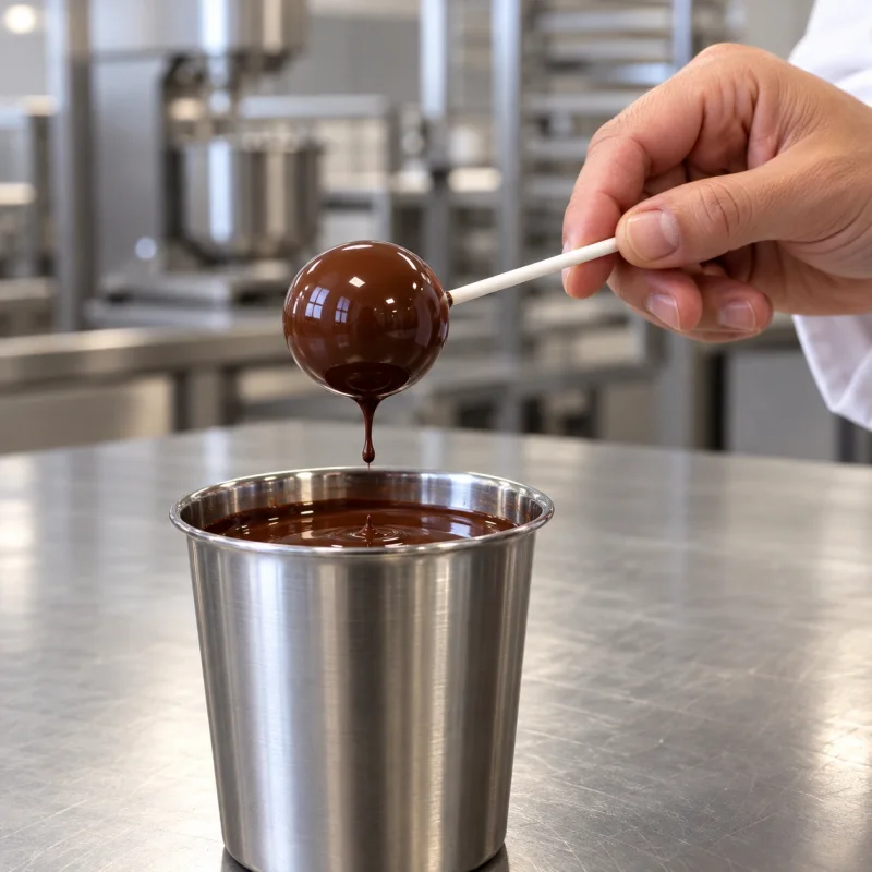 Roka drži čokoladni cake pops na palčki nad globoko inox posodo z oblivom.