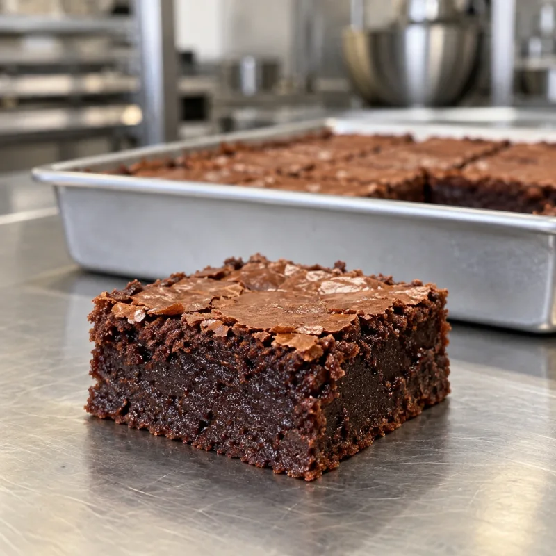 Prerezan čokoladni brownie z gosto vlažno sredico na inox delovnem pultu profesionalne slaščičarske kuhinje.