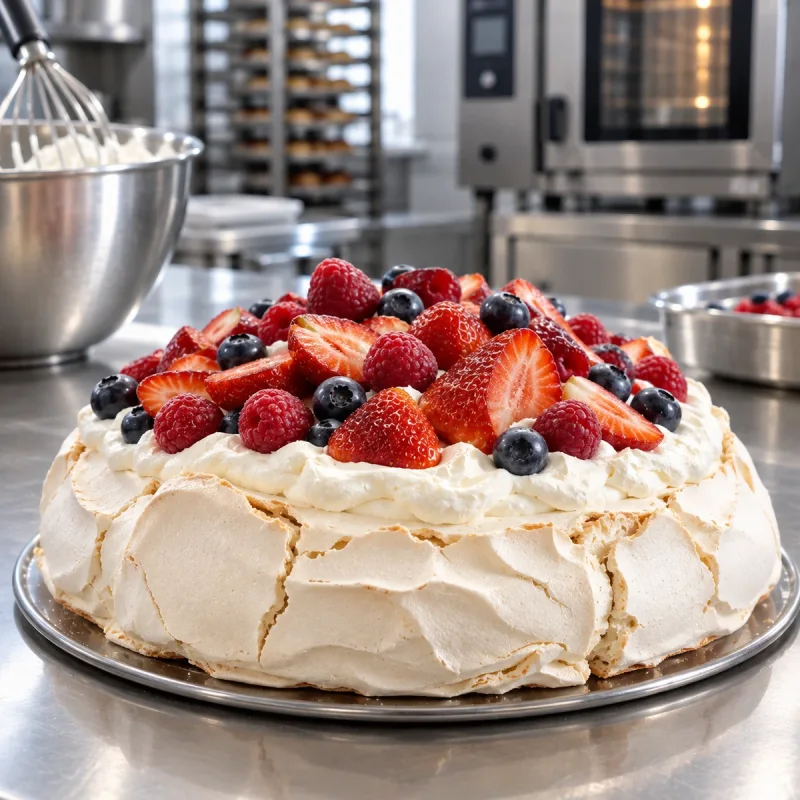 Pavlova z razpokano svetlo meringasto lupino, stepeno smetano in jagodičevjem na inox pultu profesionalne slaščičarske kuhinje.